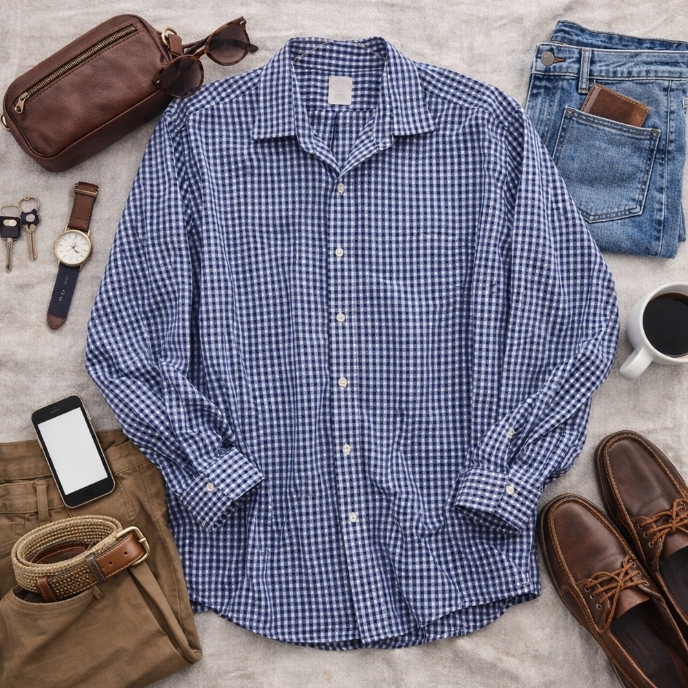 Brooks Bros 346 Blue Gingham Button Upblong Sleeve Cotton Shirt. Mens Size 17
